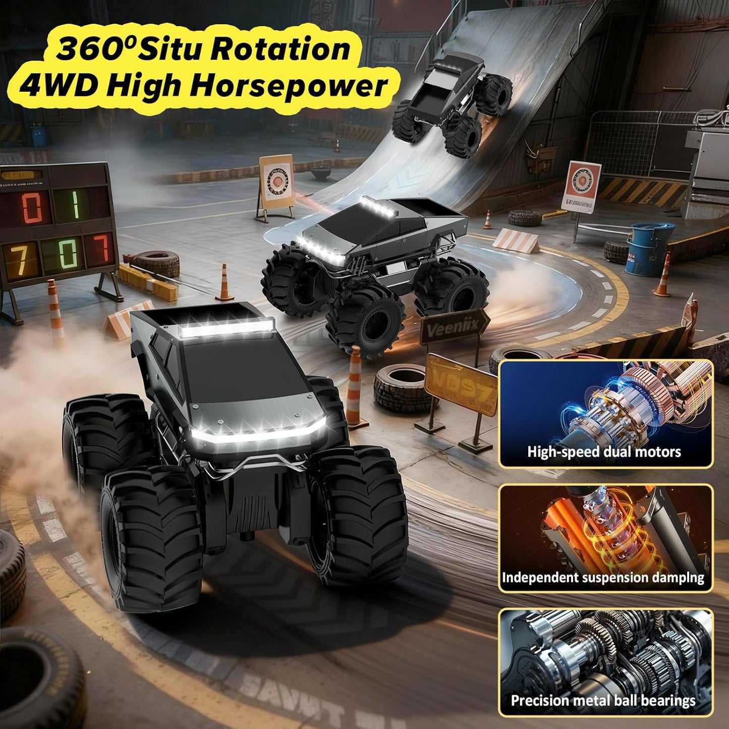 Cokzer Remote Control Car, 1:18 Amphibious RC Cars, 4WD All Terrain Off-Road Pickup, 2.4GHz Waterproof Cyber Truck, 360° Rotatable Monster Truck Toys for Boys Christmas Birthday Gifts Age 6+ (Grey)