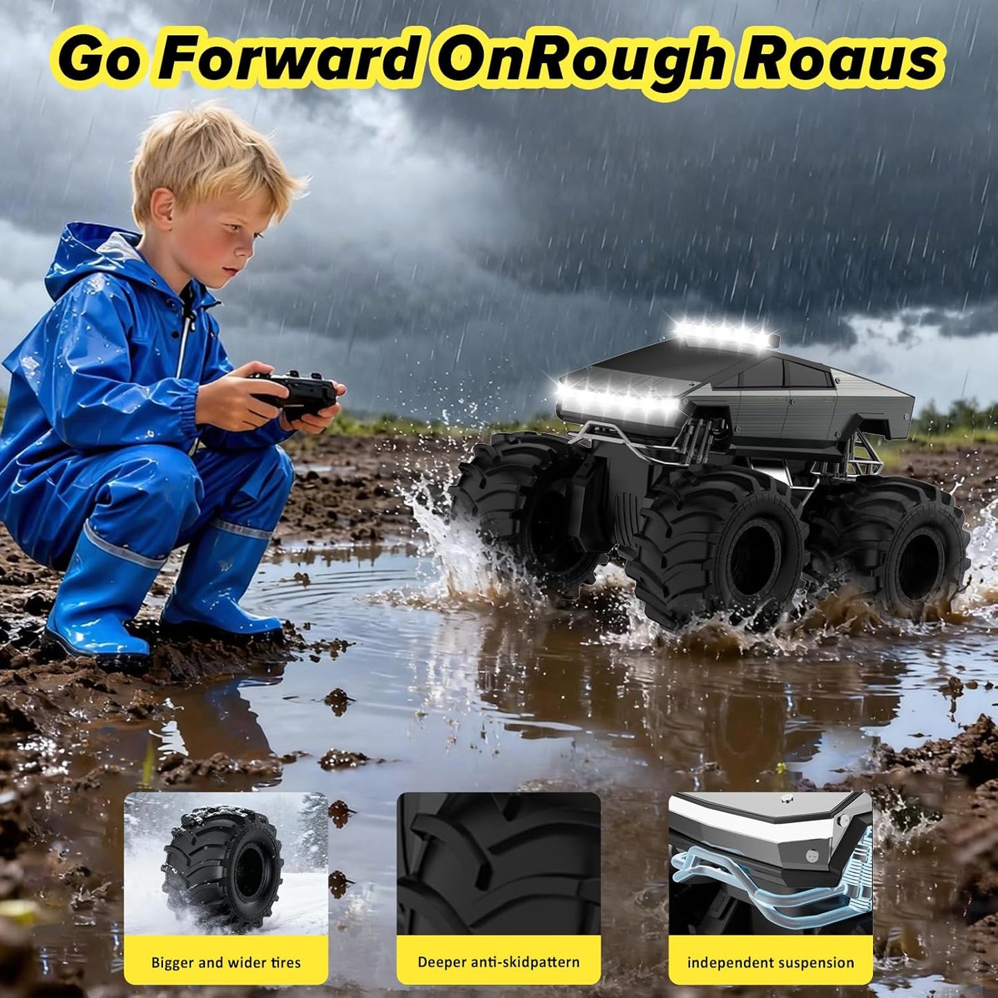 Cokzer Remote Control Car, 1:18 Amphibious RC Cars, 4WD All Terrain Off-Road Pickup, 2.4GHz Waterproof Cyber Truck, 360° Rotatable Monster Truck Toys for Boys Christmas Birthday Gifts Age 6+ (Grey)
