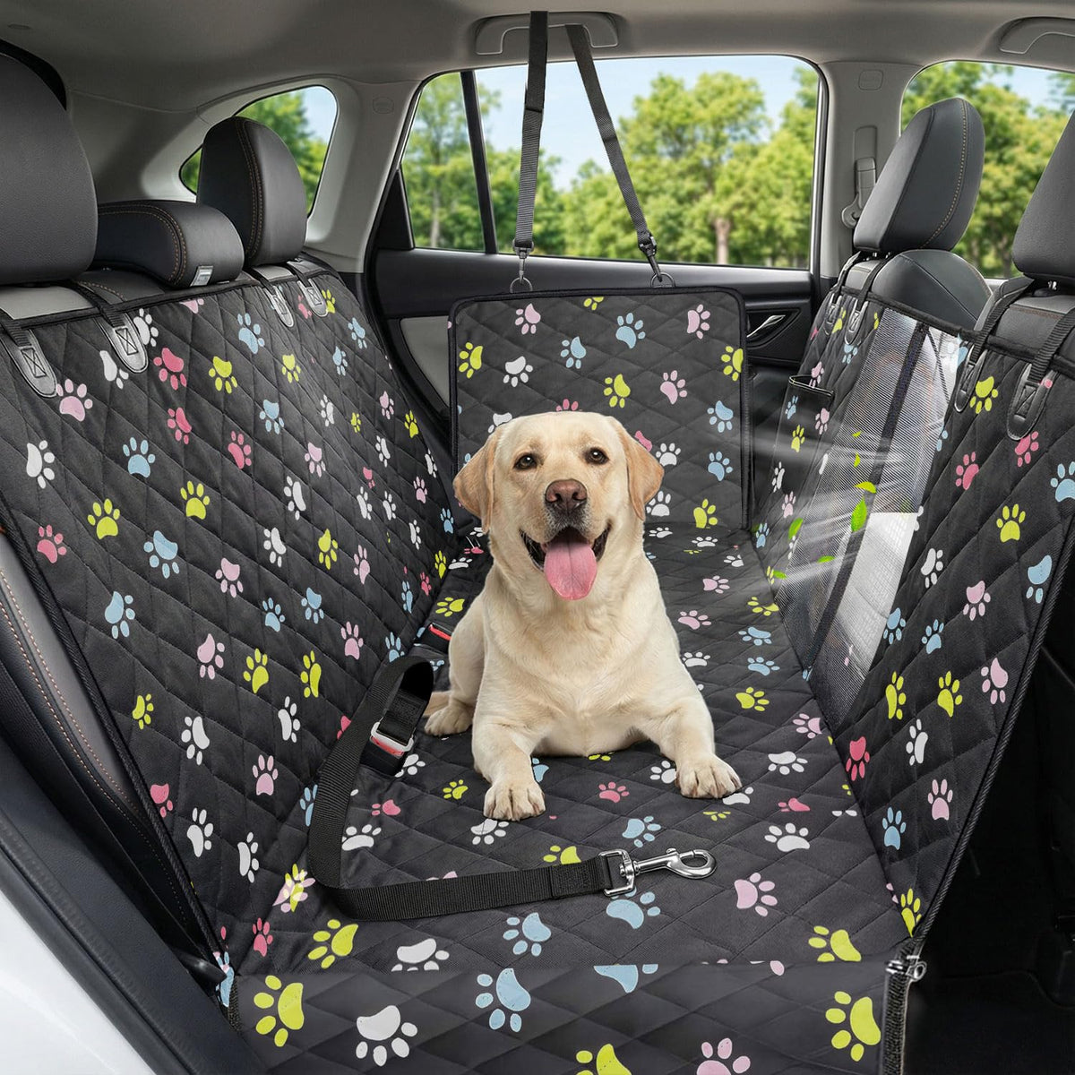Waterproof Dog Car Seat Cover for Back Seat with Mesh Window Paw Prints Standard Regular