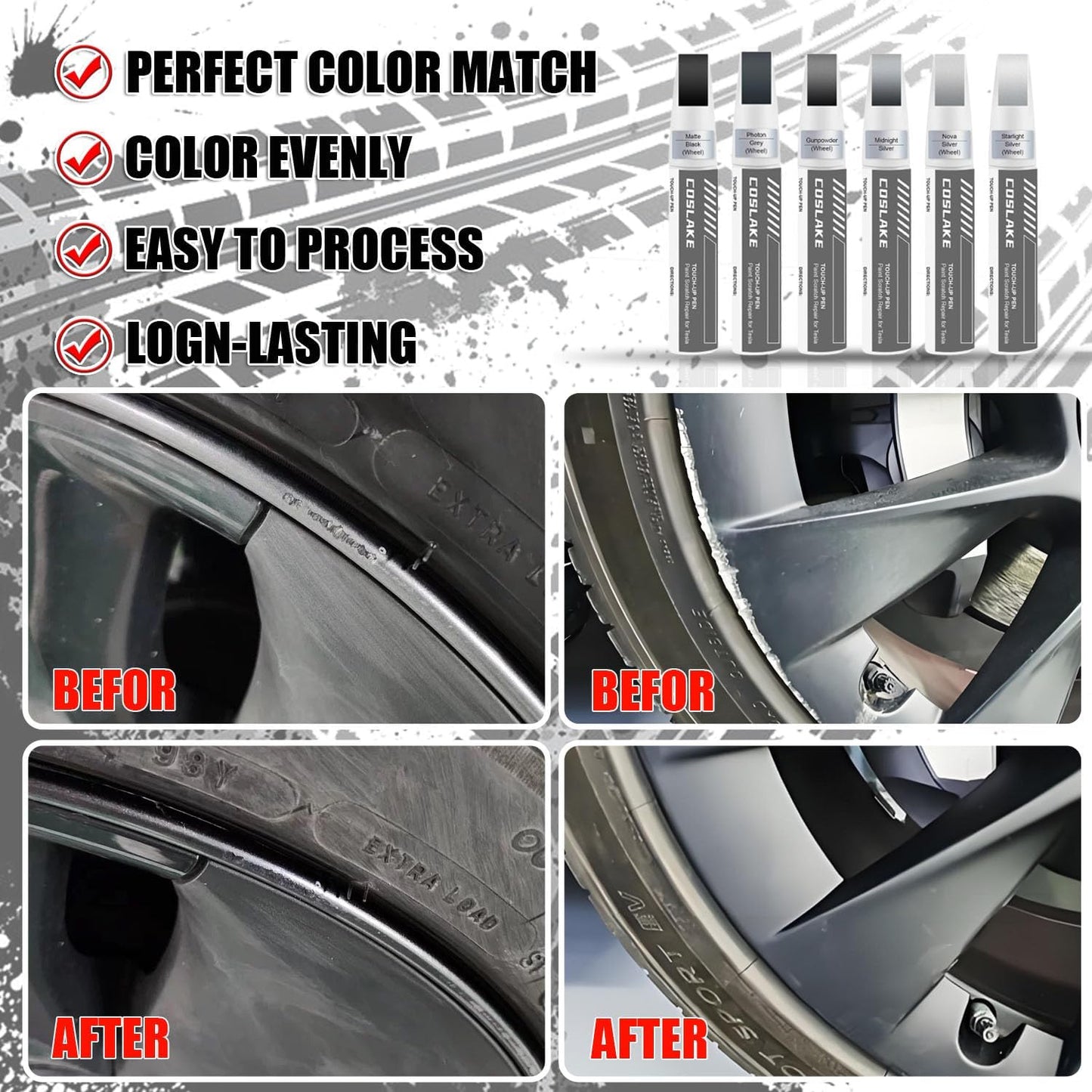 Rim Touch Up Paint(Gunpowder) for Tesla Model Y/3/S/X Gemini Dark/Uberturbine/Arachnid/Cybersteam/Turbine Wheel, Curb Rash Repair Rim Scratch Repair with Masking Tape & Sandpaper