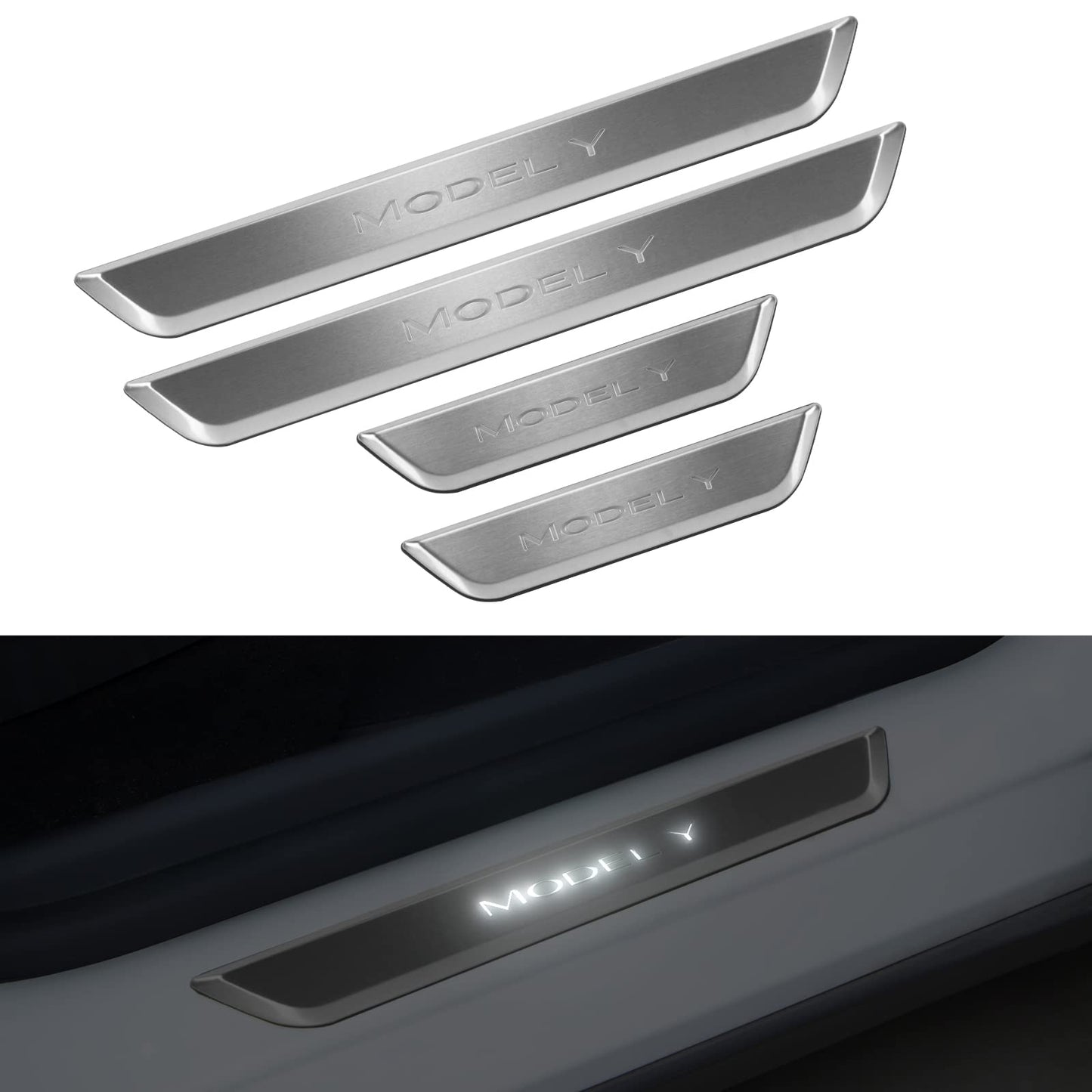 Illuminated Door Sill Protector for Tesla Silver Model Y (4Pcs)