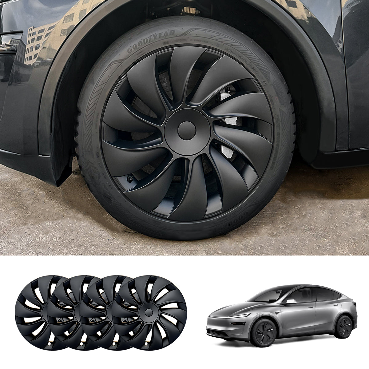 19'' Crossflow Hubcaps Wheel Covers – Spiral Spoke Style for Tesla Model Y Juniper 2025+ (Set of 4) Classic Cap Matte Black