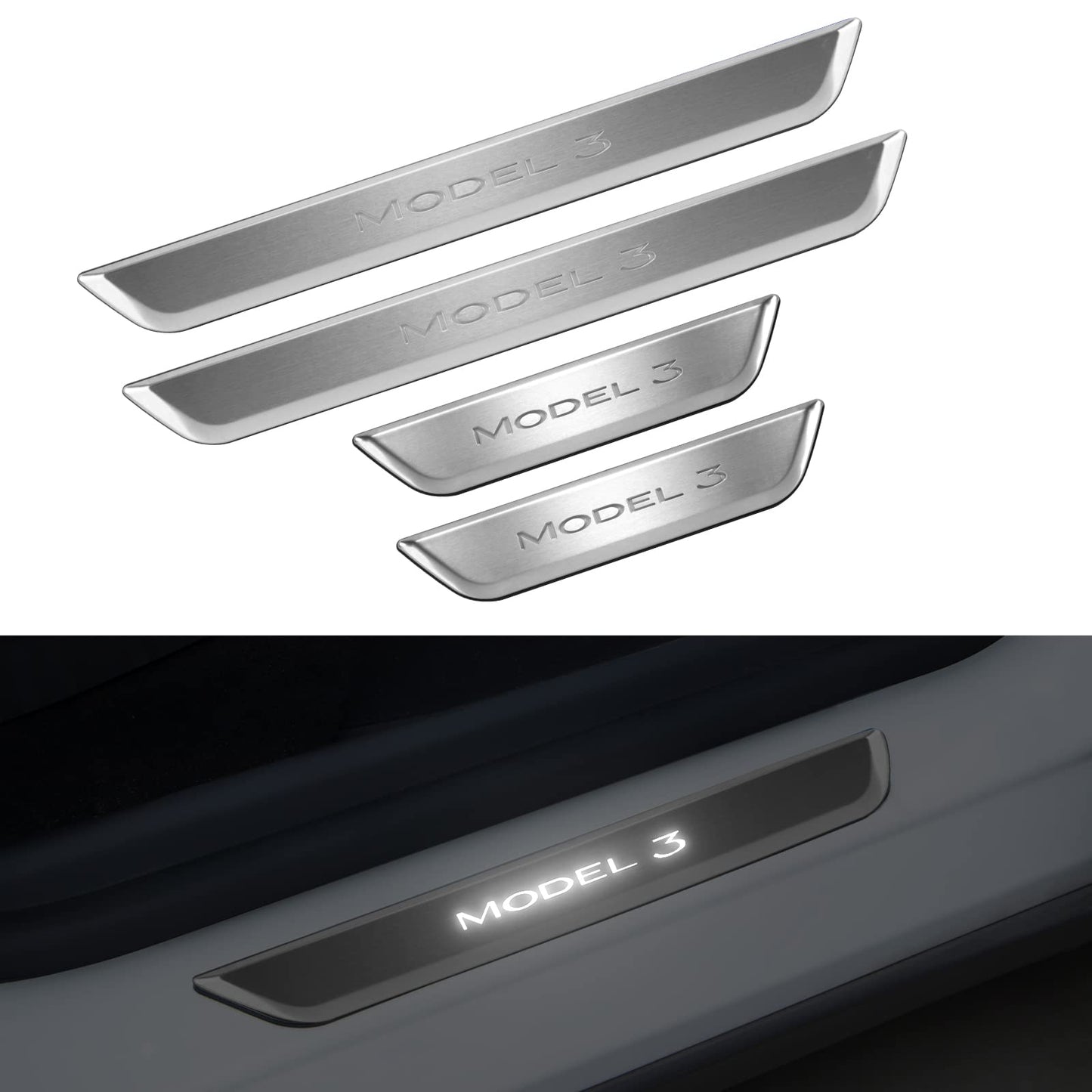 Illuminated Door Sill Protector for Tesla Silver 2017-2023 Model 3 (4Pcs)