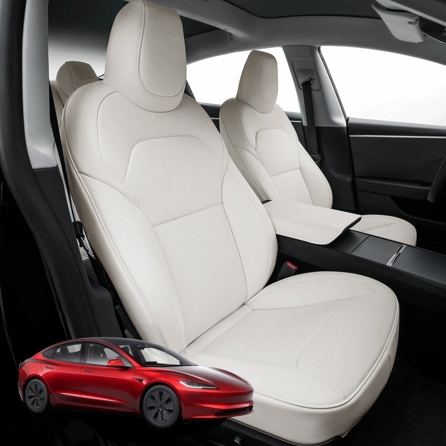 All-Inclusive 2024+ Tesla Model 3 Highland Seat Cover Genuine Leather Cream White