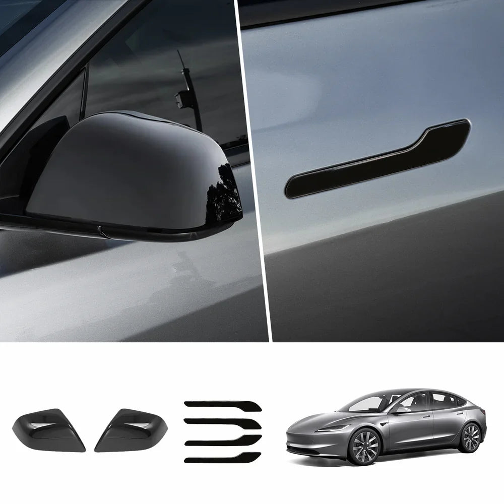 ABS Side Mirror Covers & Door Handle Covers for Tesla Model Y Juniper 2025+ / Model 3 Highland 2024+ Model 3 Highland 2024+ Full Set (Door Handle + Side Mirror) Glossy Black