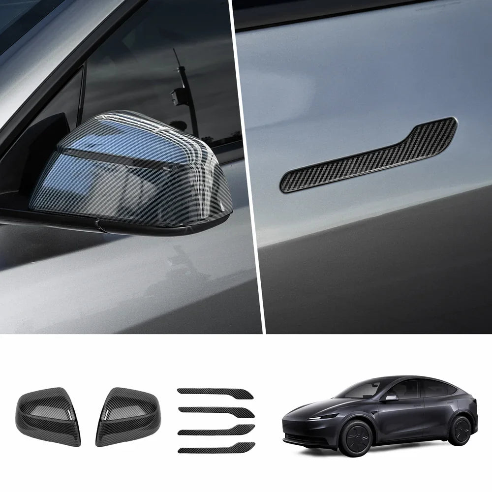ABS Side Mirror Covers & Door Handle Covers for 2026 New Tesla Model Y Standard Full Set (Door Handle + Side Mirror) Glossy Carbon Pattern
