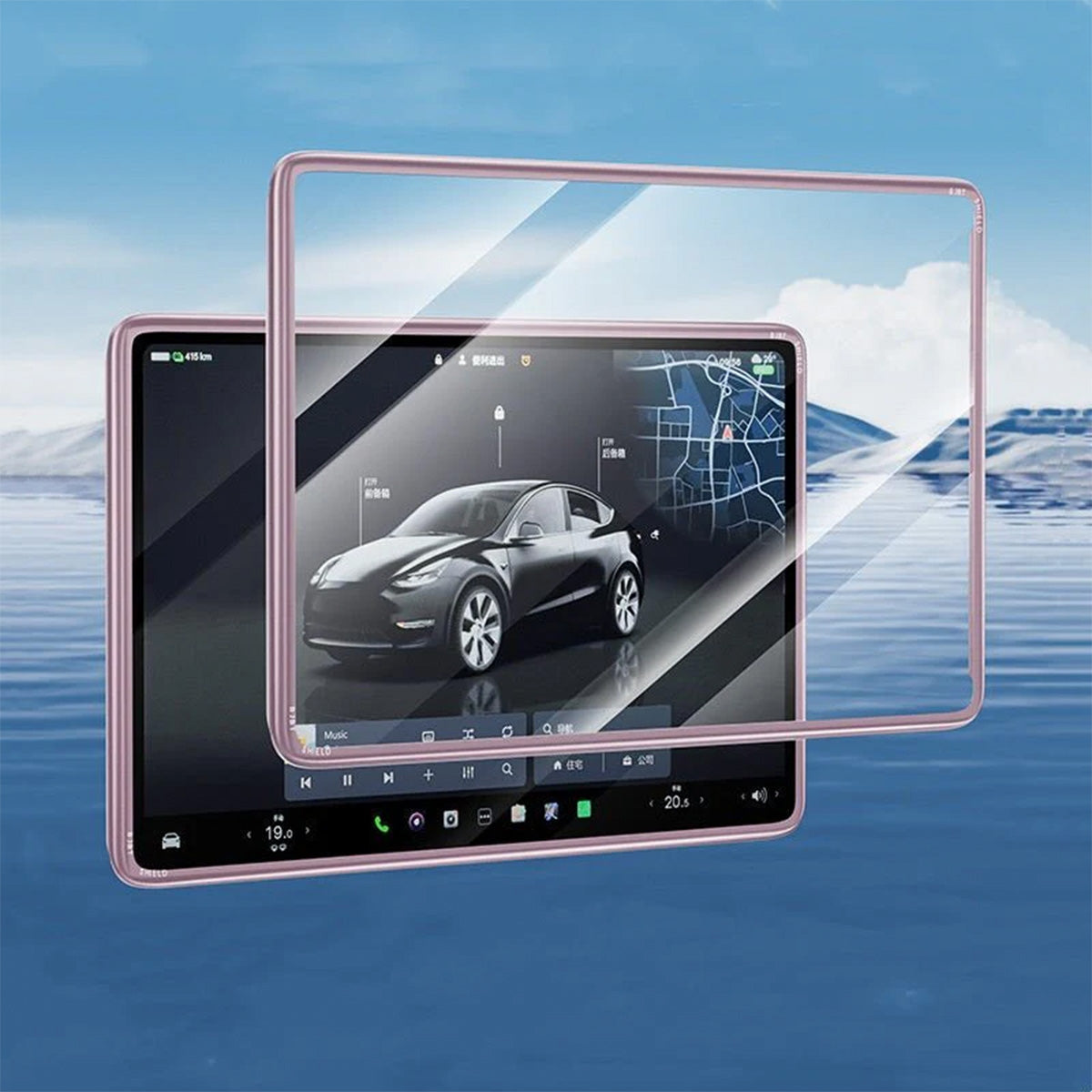 All-in-One Central Screen Tempered Glass & Frame Cover for Tesla Model 3/Y 2017-2023 Model 3 2020-2024 Model Y Pink