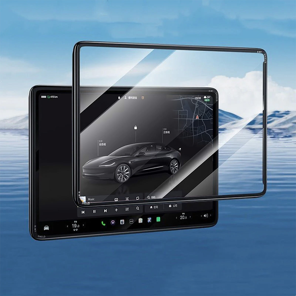 All-in-One Central Screen Tempered Glass & Frame Cover for Tesla Model 3/Y 2024+ Model 3 Highland 2025+ Model Y Juniper Black