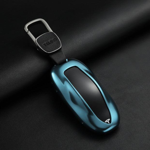 Aluminum Alloy and Leather Key Fob Case for Teala Model X Buckle Charm Blue