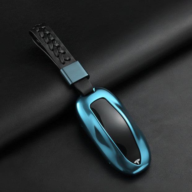 Aluminum Alloy and Leather Key Fob Case for Teala Model X Knitted Weave Charm Blue