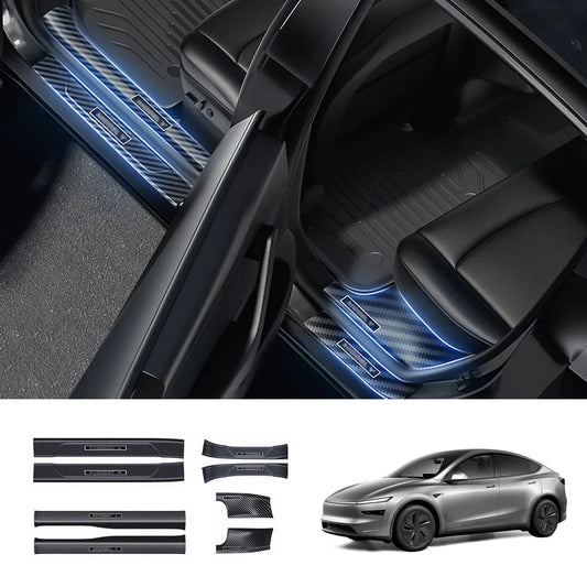 Carbon Fiber Style Door Sill Protector Set (8 Pieces) for Tesla Model Y Juniper 2025+ 8-Piece Set
