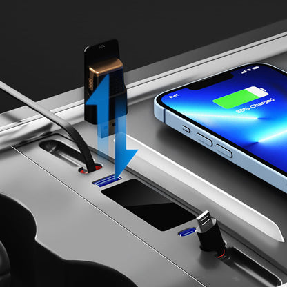 Center Console USB C Multiport HUB Adapter With Retractable Data Cable For Tesla Model 3 Y