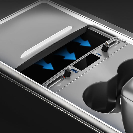 Center Console USB C Multiport HUB Adapter With Retractable Data Cable For Tesla Model 3 Y