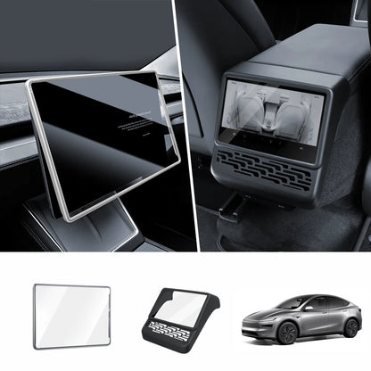 All-in-One Central Screen Tempered Glass & Frame Cover for Tesla Model Y Juniper 2025+ Front + Rear Set Silver