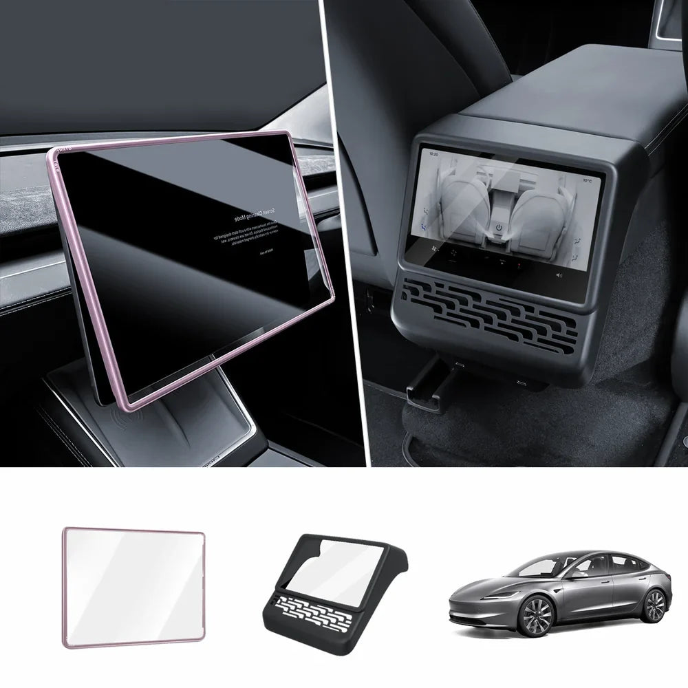 Integrated Tempered Glass Screen Protector with Frame for Tesla Model 3 Highland 2024+ Front + Rear Set Pink