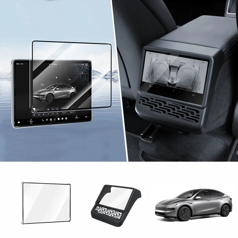 All-in-One Central Screen Tempered Glass & Frame Cover for Tesla Model Y Juniper 2025+ Front + Rear Set Transparent