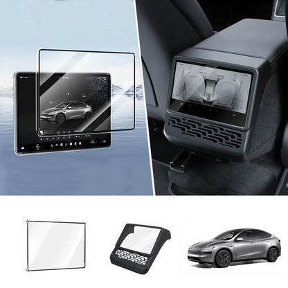 All-in-One Central Screen Tempered Glass & Frame Cover for Tesla Model Y Juniper 2025+ Front + Rear Set Transparent