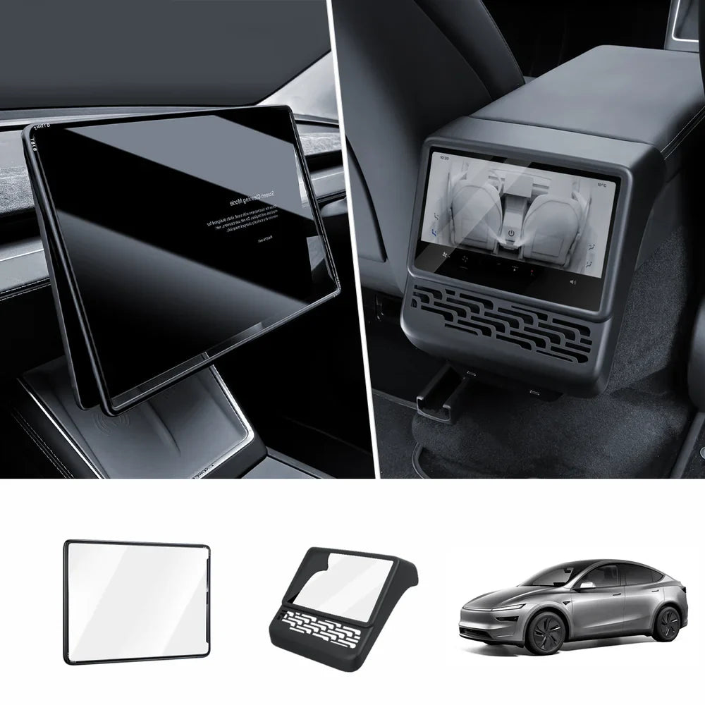 All-in-One Central Screen Tempered Glass & Frame Cover for Tesla Model Y Juniper 2025+ Front + Rear Set Black