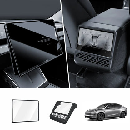 All-in-One Central Screen Tempered Glass & Frame Cover for Tesla Model Y Juniper 2025+ Front + Rear Set Black