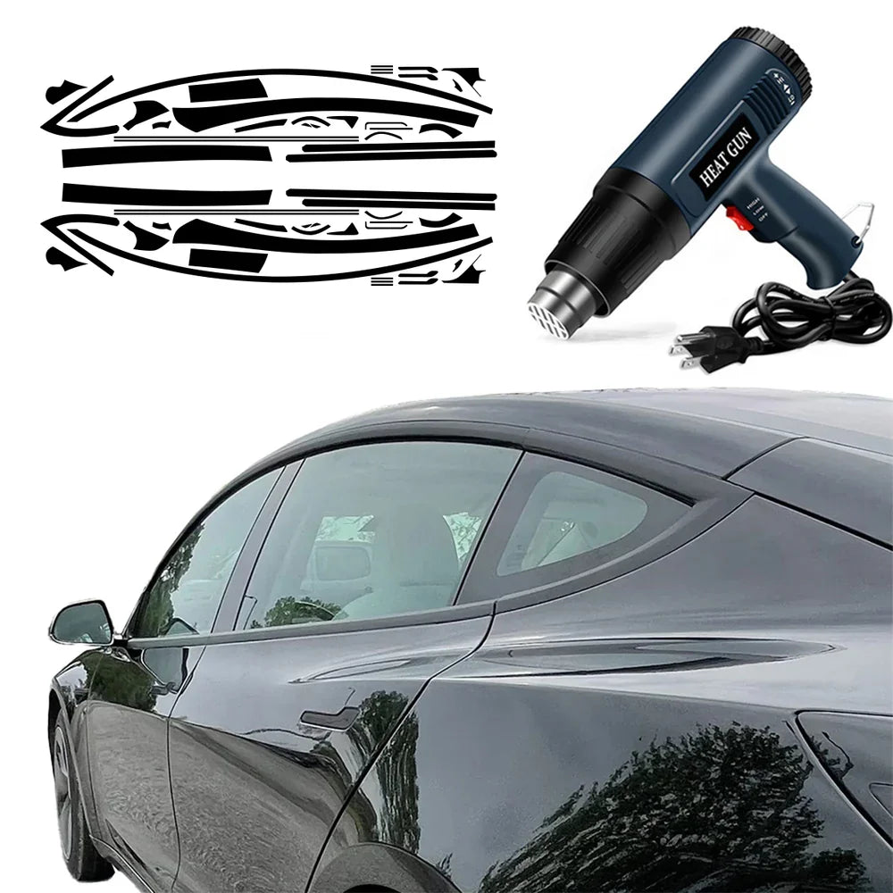 Chrome Delete Blackout Vinyl Overlay for 2017-2023 Tesla Model 3 - Matte Black Vinyl Wrap & Heat Gun Kit US Plug