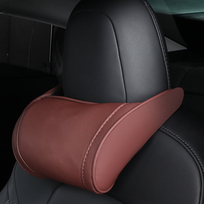 Cotton Filled Neck Support Leather Pillows Headrest For Tesla Model S 3 X Y Brown