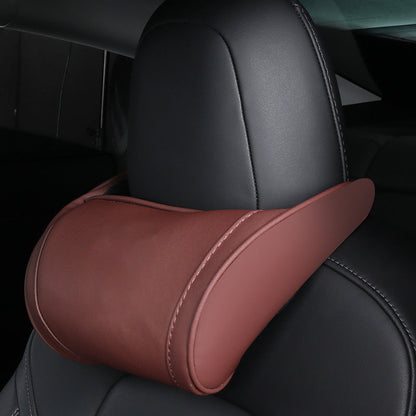 Cotton Filled Neck Support Leather Pillows Headrest For Tesla Model S 3 X Y Brown