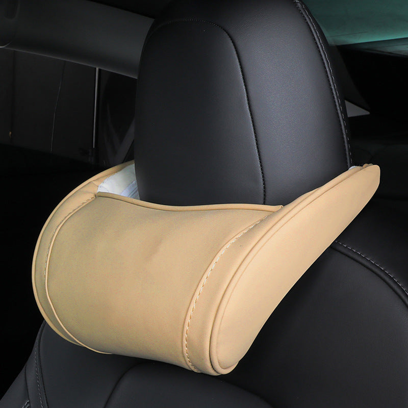 Cotton Filled Neck Support Leather Pillows Headrest For Tesla Model S 3 X Y Khaki