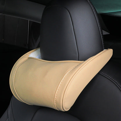 Cotton Filled Neck Support Leather Pillows Headrest For Tesla Model S 3 X Y Khaki