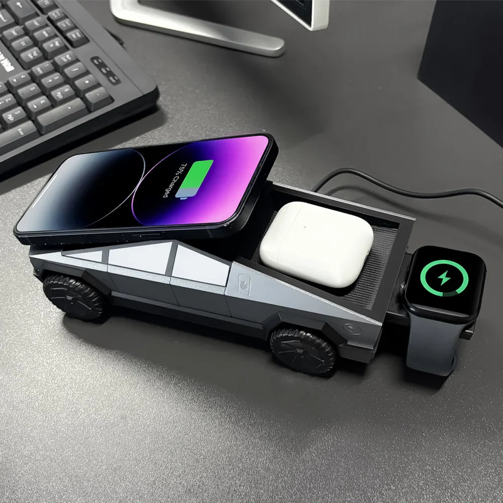 Cybertruck-Inspired 3-in-1 Wireless Charger & Stand for All Cars