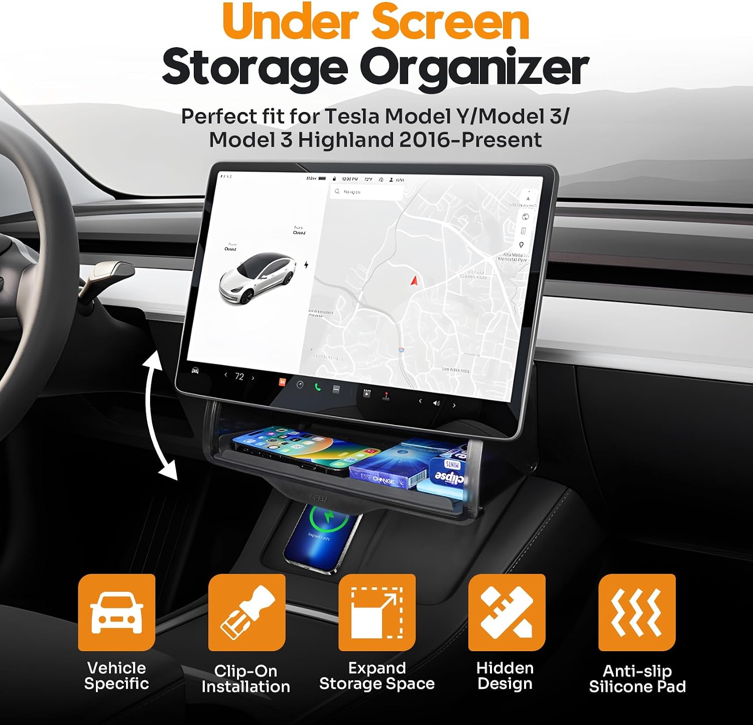 Hidden Central Control Screen Lower Storage Box for Tesla Model 3/Y 2017-2026