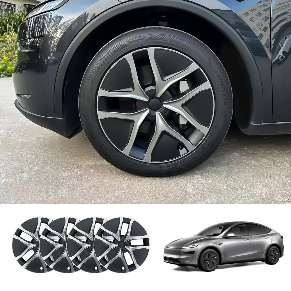 19'' Crossflow Full-Cover Hubcaps Wheel Covers – Arachnid 2.0 Style for Tesla Model Y Juniper 2025+ (Set of 4) Silver & Black Dual-Tone