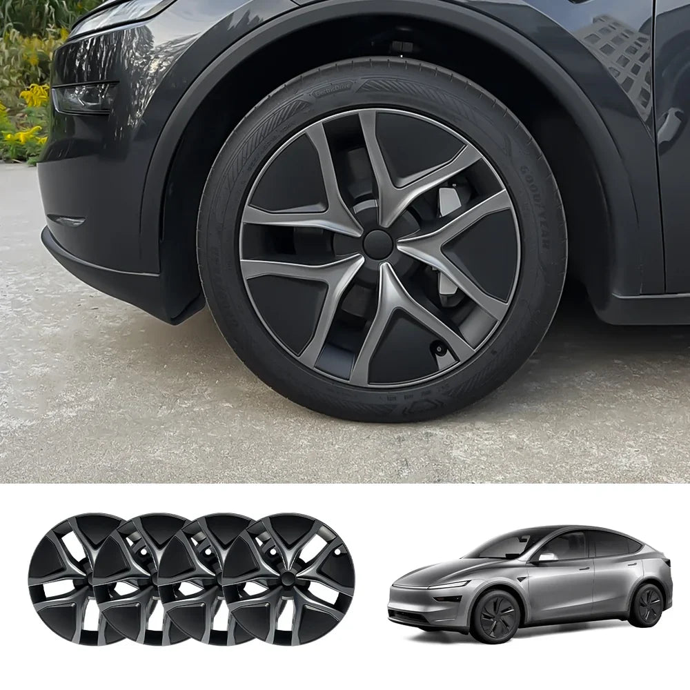 19'' Crossflow Full-Cover Hubcaps Wheel Covers – Arachnid 2.0 Style for Tesla Model Y Juniper 2025+ (Set of 4) Gray & Black Dual-Tone
