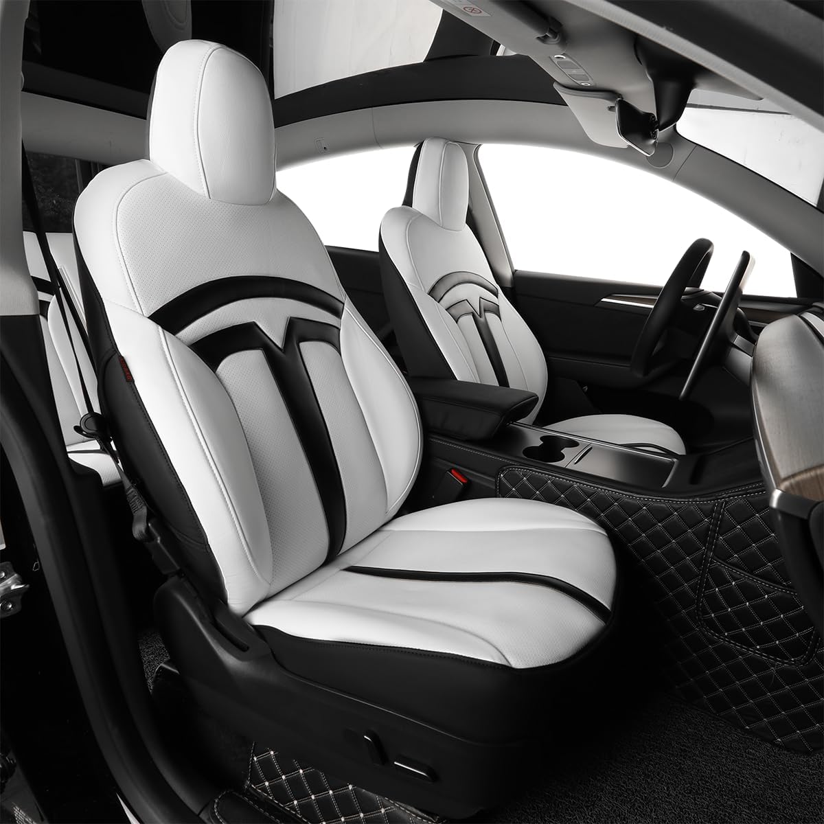 Leather Car Seat Covers for Select Trucks Tesla Cybertruck 2024 Leather(Black White)