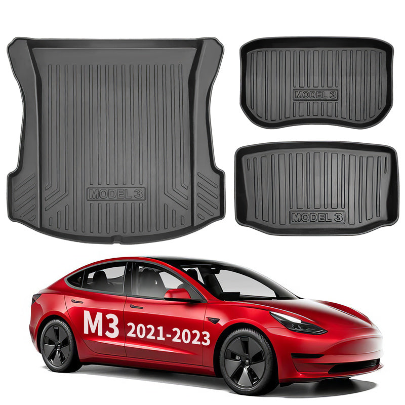 All Weather TPE Interior Floor Mats Cargo Liners Set for 2021-2023 Tesla Model 3 Frunk + Trunk Upper&Lower Mat (3 PCS) Left-Hand Drive