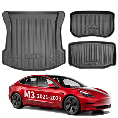 All Weather TPE Interior Floor Mats Cargo Liners Set for 2021-2023 Tesla Model 3 Frunk + Trunk Upper&Lower Mat (3 PCS) Left-Hand Drive