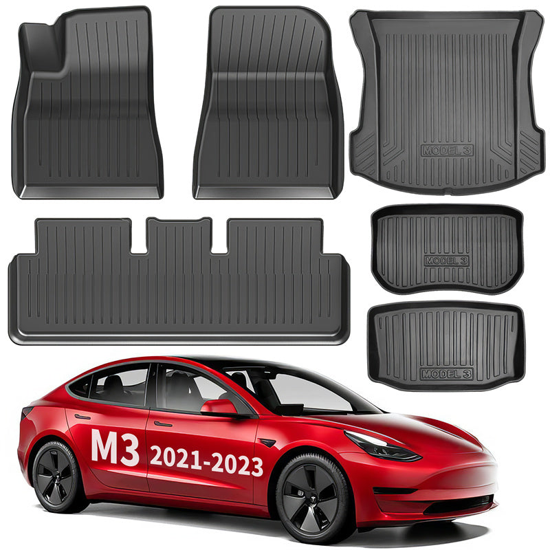All Weather TPE Interior Floor Mats Cargo Liners Set for 2021-2023 Tesla Model 3 Full Set (6 PCS) Left-Hand Drive