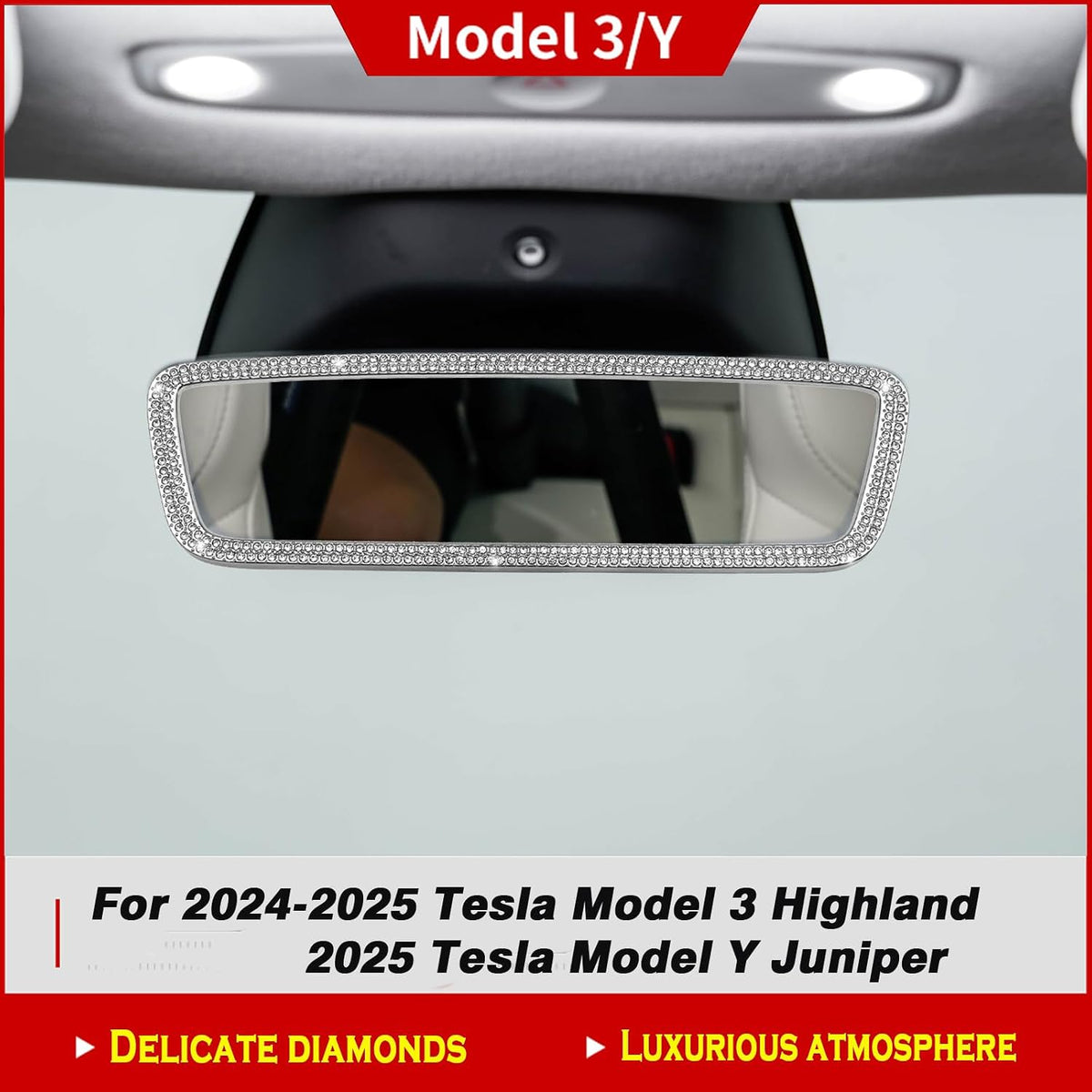 Crystal Bling Interior Rearview Mirror Frame for Tesla Model Y Juniper & Model 3 Highland