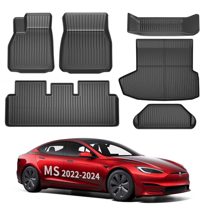 All Weather TPE Interior Floor Mats Cargo Liners Set for Tesla 2022-2024 Model S Full Set (6 PCS) Left-Hand Drive