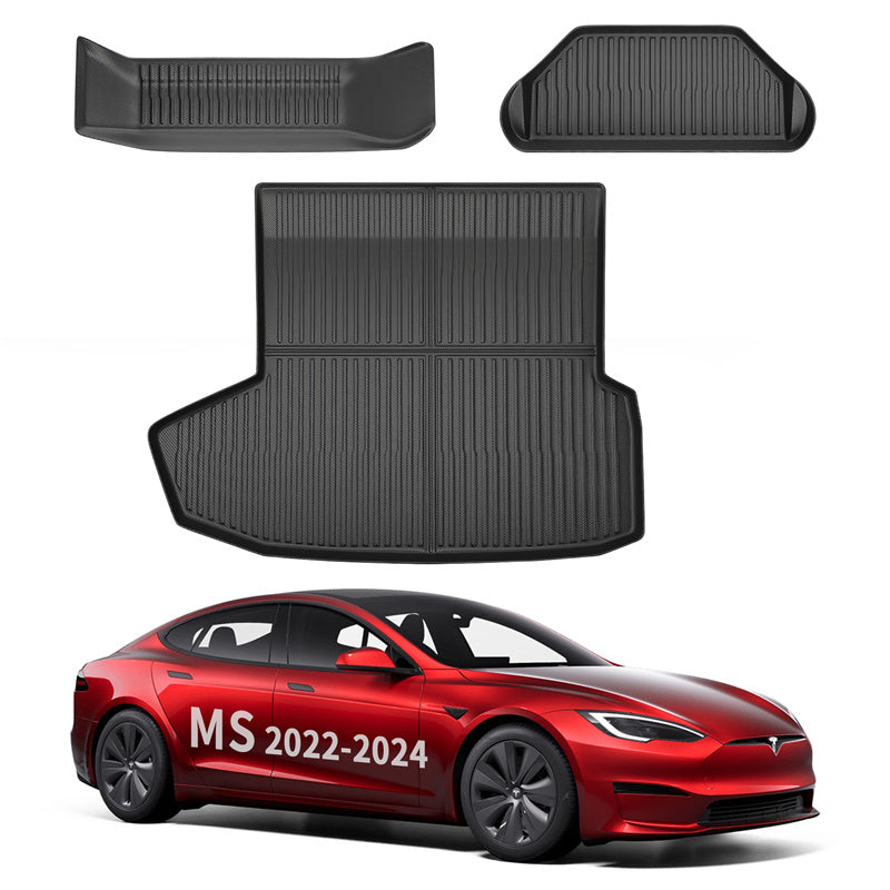 All Weather TPE Interior Floor Mats Cargo Liners Set for Tesla 2022-2024 Model S Frunk + Trunk Upper&Lower Mat (3 PCS) Left-Hand Drive
