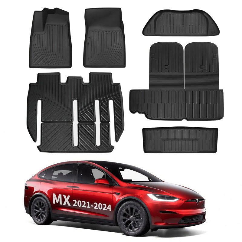 All Weather TPE Interior Floor Mats Cargo Liners Set for Tesla 2021-2024 Model X Full Set (6 PCS) 7 Seats Left-Hand Drive