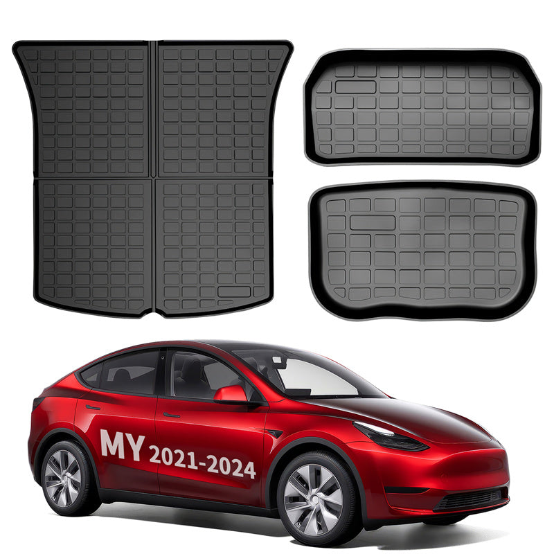All Weather TPE Interior Floor Mats Cargo Liners Set for Tesla 2021-2024 Model Y Frunk + Trunk Upper&Lower Mat (3 PCS) 5 Seats Left-Hand Drive