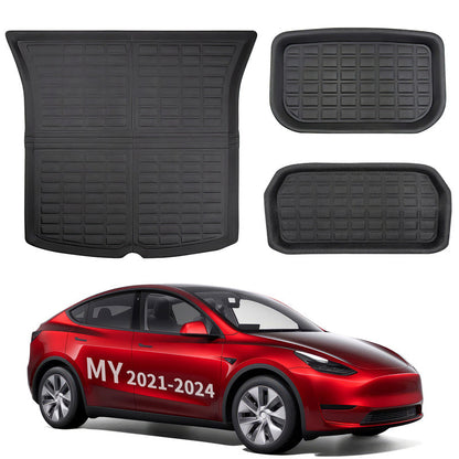 All Weather XPE Interior Floor Mats Cargo Liners Set for Tesla 2021-2024 Model Y 5 Seater Frunk + Trunk Upper&Lower Mat (3 PCS) Left-Hand Drive