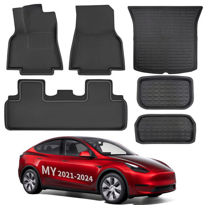 All Weather XPE Interior Floor Mats Cargo Liners Set for Tesla 2021-2024 Model Y 5 Seater Full Set (6 PCS) Left-Hand Drive
