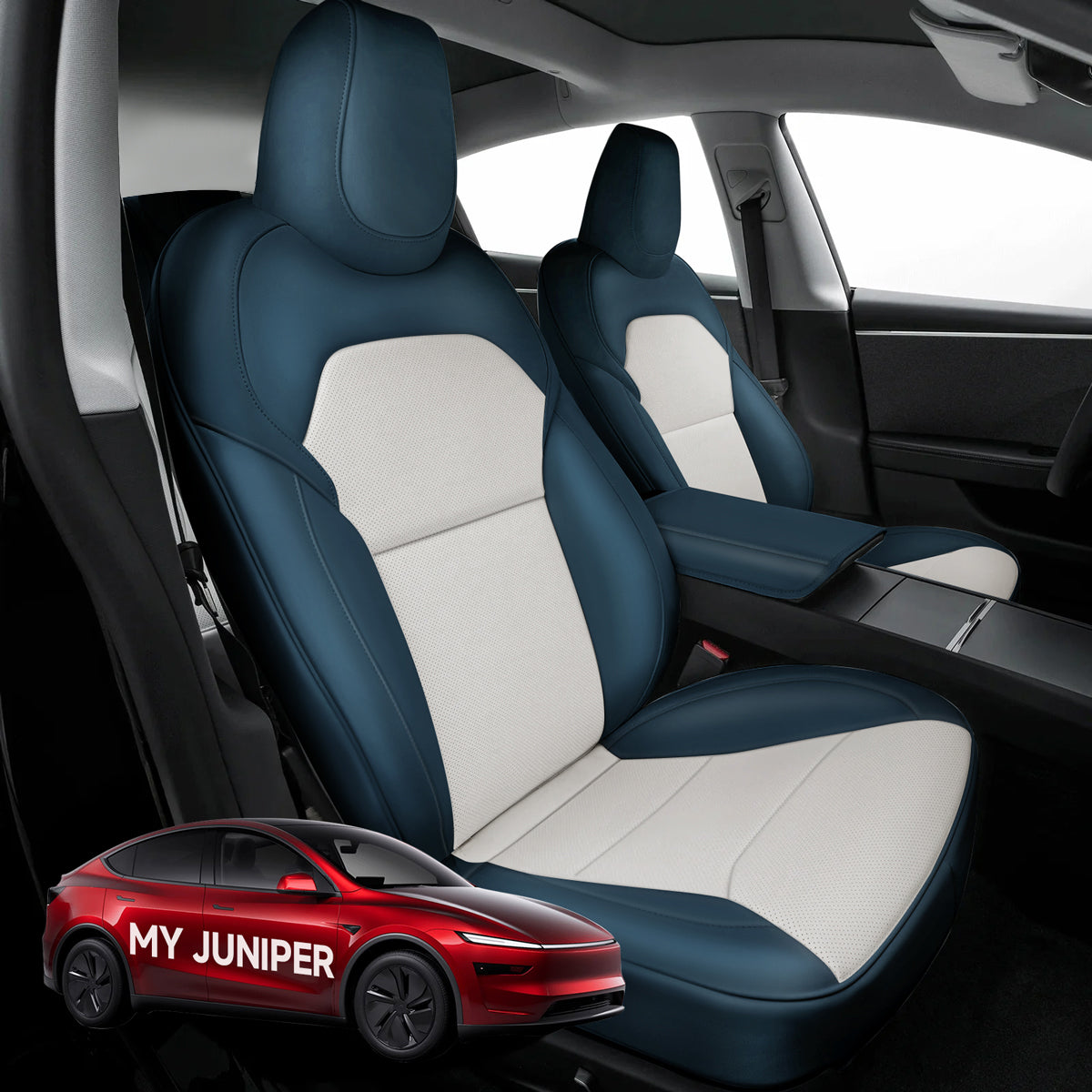 All-Inclusive Seat Cover for New Tesla Model Y Juniper 2025+ Standard Leather Blue White Full Set (Front & Rear Seats)