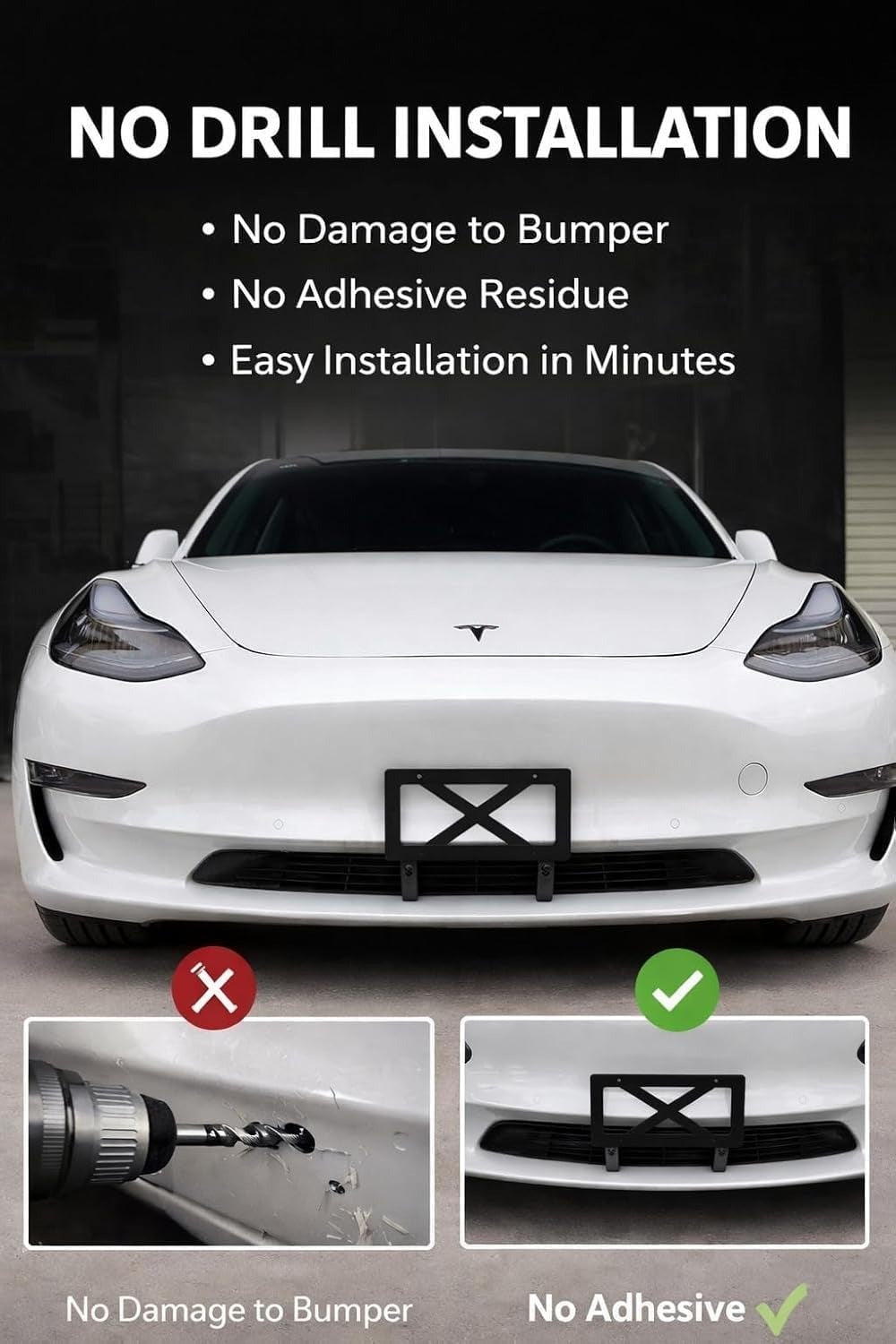 No Drill Front License Plate Mount for Tesla Model Y/3/S/X