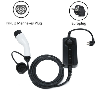 Portable Type 2 Mennekes Level 1 & 2 EV Charger |16A|230V|Europlug|32ft