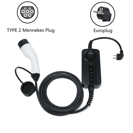 Portable Type 2 Mennekes Level 1 & 2 EV Charger |16A|230V|Europlug|32ft