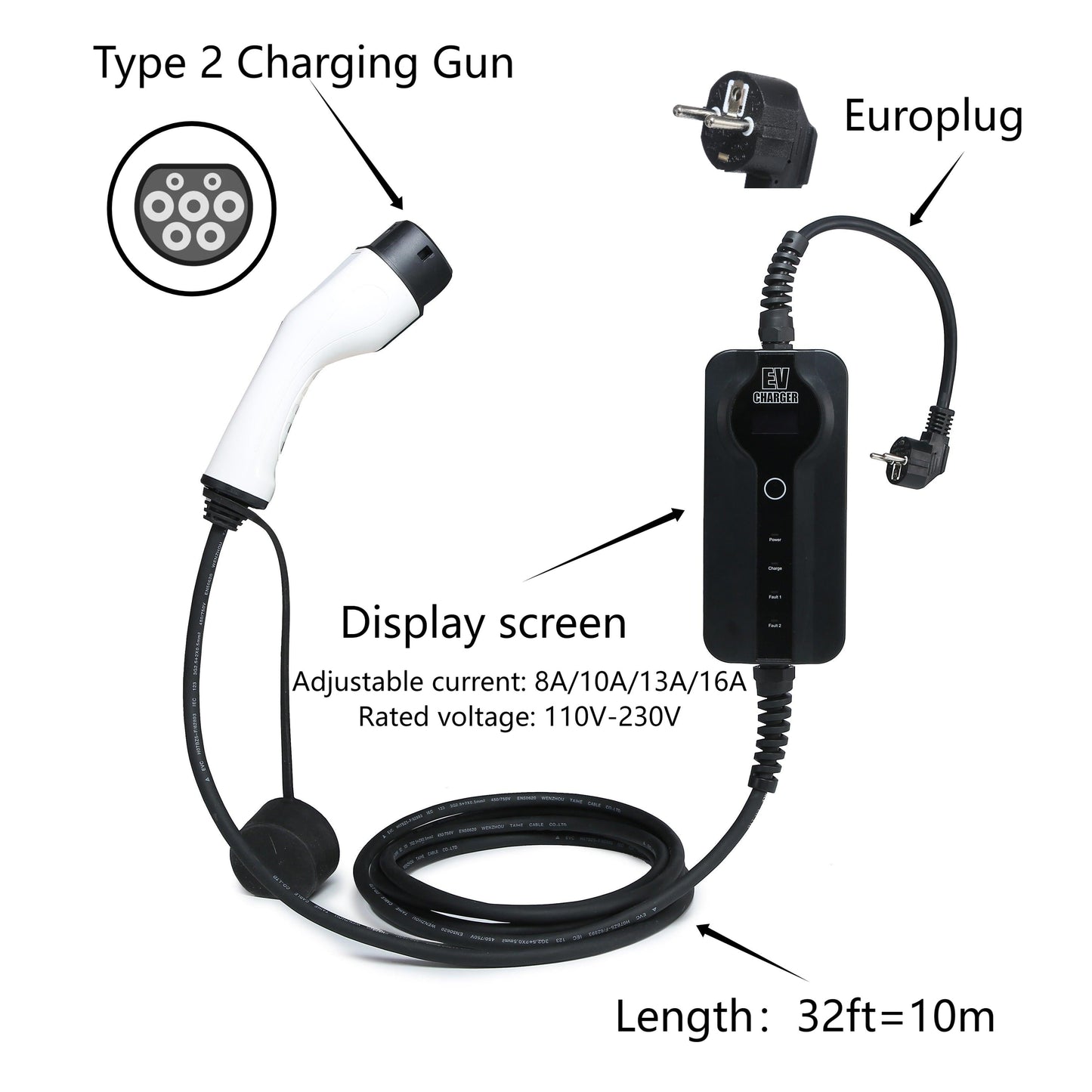 Portable Type 2 Mennekes Level 1 & 2 EV Charger |16A|230V|Europlug|32ft