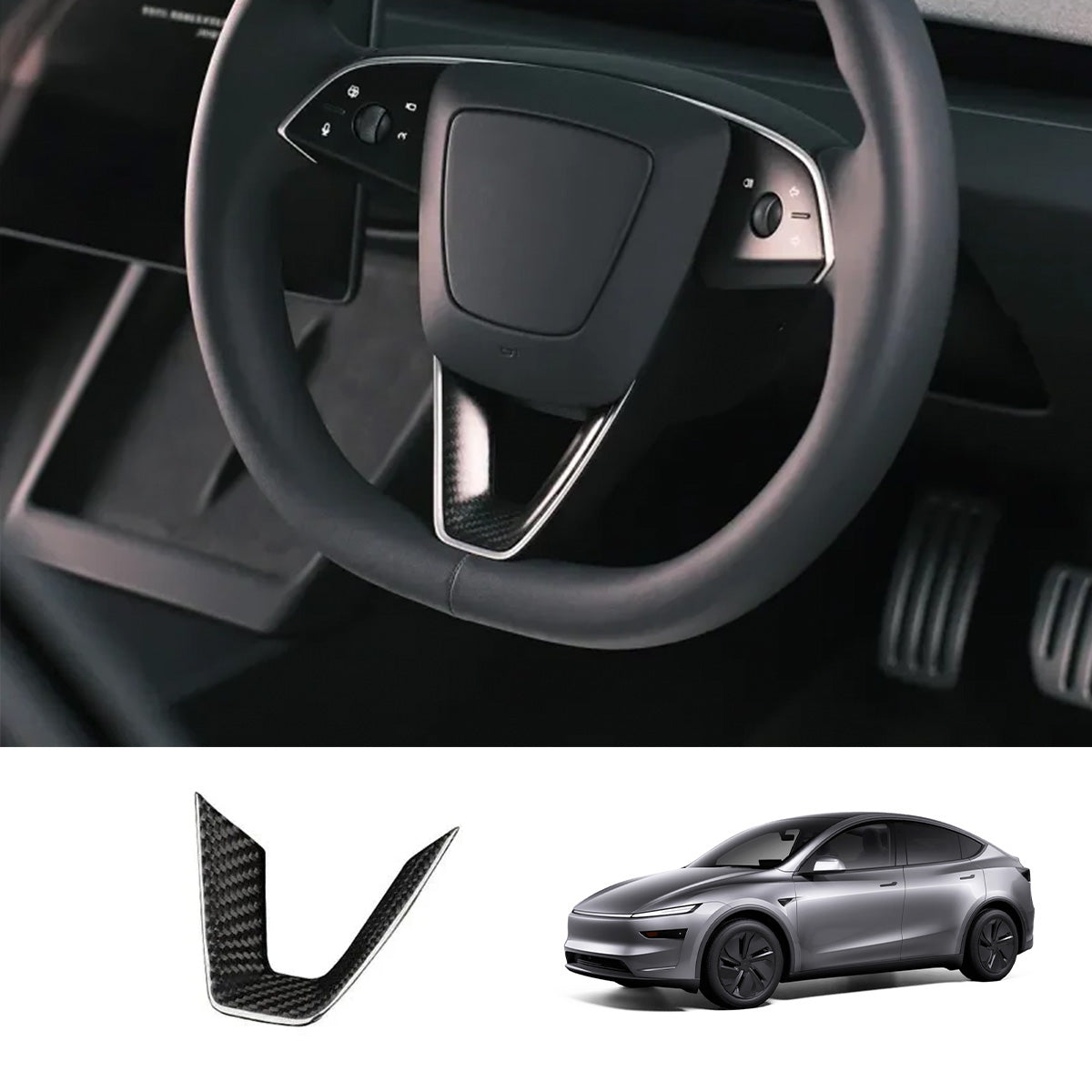 [Real Carbon Fiber] Steering Wheel V-Cover for Tesla Model Y Juniper 2025+ Glossy Carbon Fiber