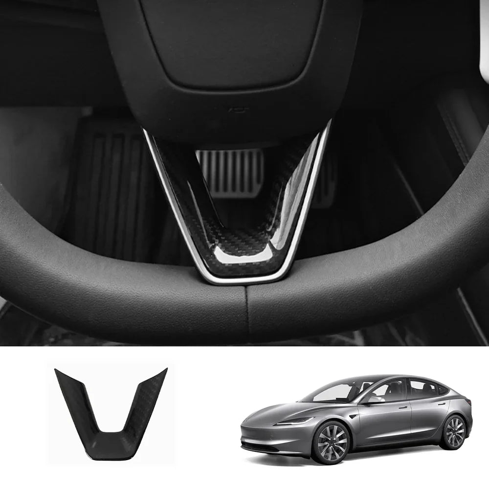 [Real Carbon Fiber] Steering Wheel V-Cover For Tesla 2024+ Model 3 Highland Glossy Carbon Fiber